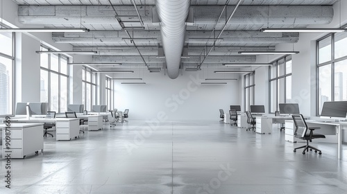 Modern Open Office Layout With Desks and Computer Stations in Urban High-Rise Building During Daylight Hours