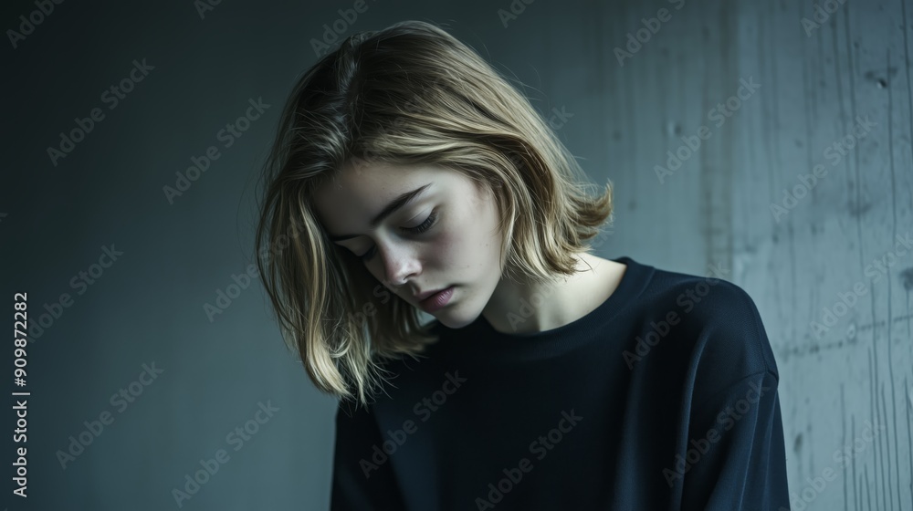 Portrait of a sad and anxious young woman. Dark setting, concrete walls Portrait of a sad and anxious young woman. Dark setting, concrete walls