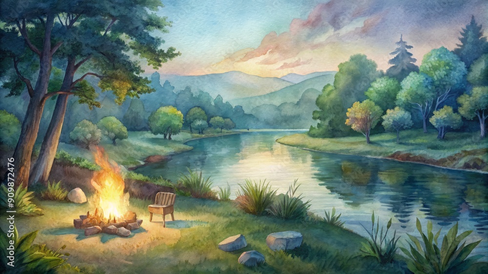 Φωτογραφία Warm golden light illuminates a serene riverbank scene with a crackling campfire, surrounded by comfortable outdoor seating and lush greenery on a tranquil summer evening