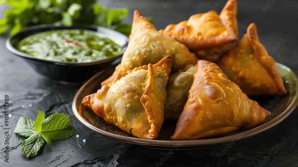 A platter showcases a stack of crispy samosas filled with spicy potatoes alongside a bowl of refreshing mint chutney A platter showcases a stack of crispy samosas filled with spicy potatoes alongside a bowl of refreshing mint chutney