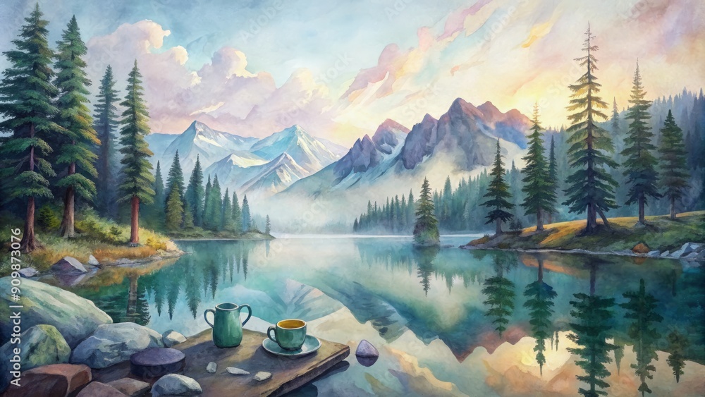 Φωτογραφία Serene mountain lake at sunrise with calm waters reflecting pine trees, surrounded by rugged peaks, with steaming coffee cups and camping gear in the foreground
