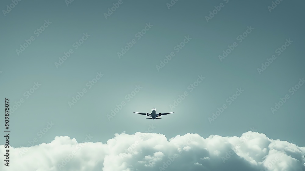 A plane flies above the clouds in a blue sky. A plane flies above the clouds in a blue sky.