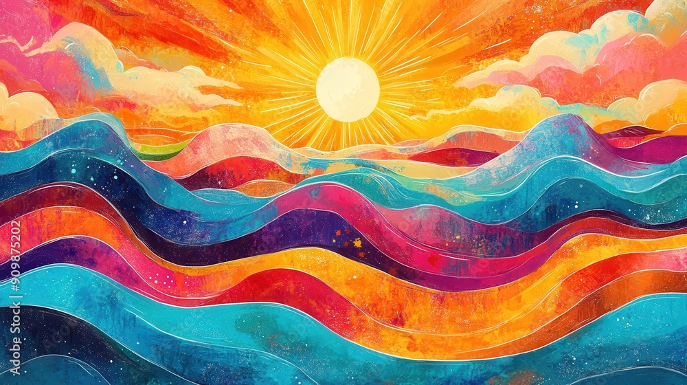 Colorful waves under a vibrant sun. A radiant and playful illustration of nature's beauty and harmony. Colorful waves under a vibrant sun. A radiant and playful illustration of nature's beauty and harmony.
