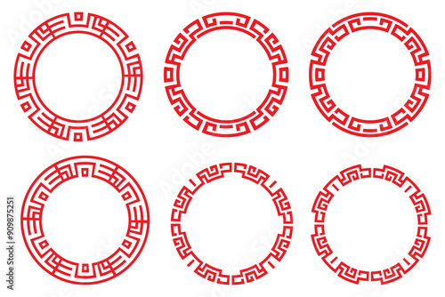 Red abstract geometric pattern Chinese circle frame set vector design.