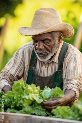 Senior farmer, harvesting fresh lettuce, wearing hat, outdoor garden scene, sustainable agriculture concept, vertical