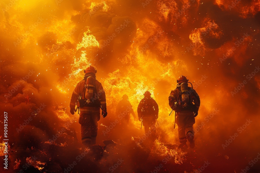 Firefighters battling intense blaze with orange flames Firefighters battling intense blaze with orange flames