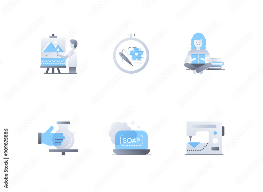 Hobbies and entertainment - flat design style icons set. High quality colorful images of artist and painting, embroidery on a hoop, reading books, pottery, soap making and sewing on a machine Hobbies and entertainment - flat design style icons set. High quality colorful images of artist and painting, embroidery on a hoop, reading books, pottery, soap making and sewing on a machine
