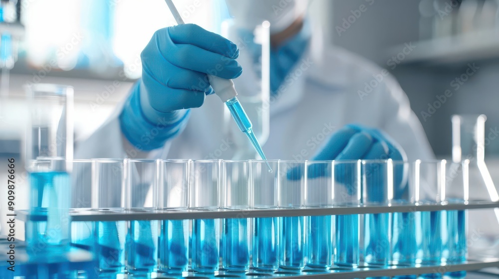A scientist wearing gloves and using a pipette to transfer a blue liquid into a row of test tubes A scientist wearing gloves and using a pipette to transfer a blue liquid into a row of test tubes