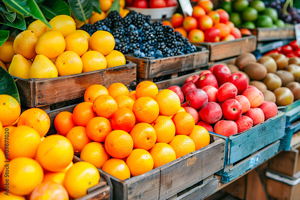Fresh fruit displayed on a local market stall offering a colorful variety of ripe and healthy produce Fresh fruit displayed on a local market stall offering a colorful variety of ripe and healthy produce
