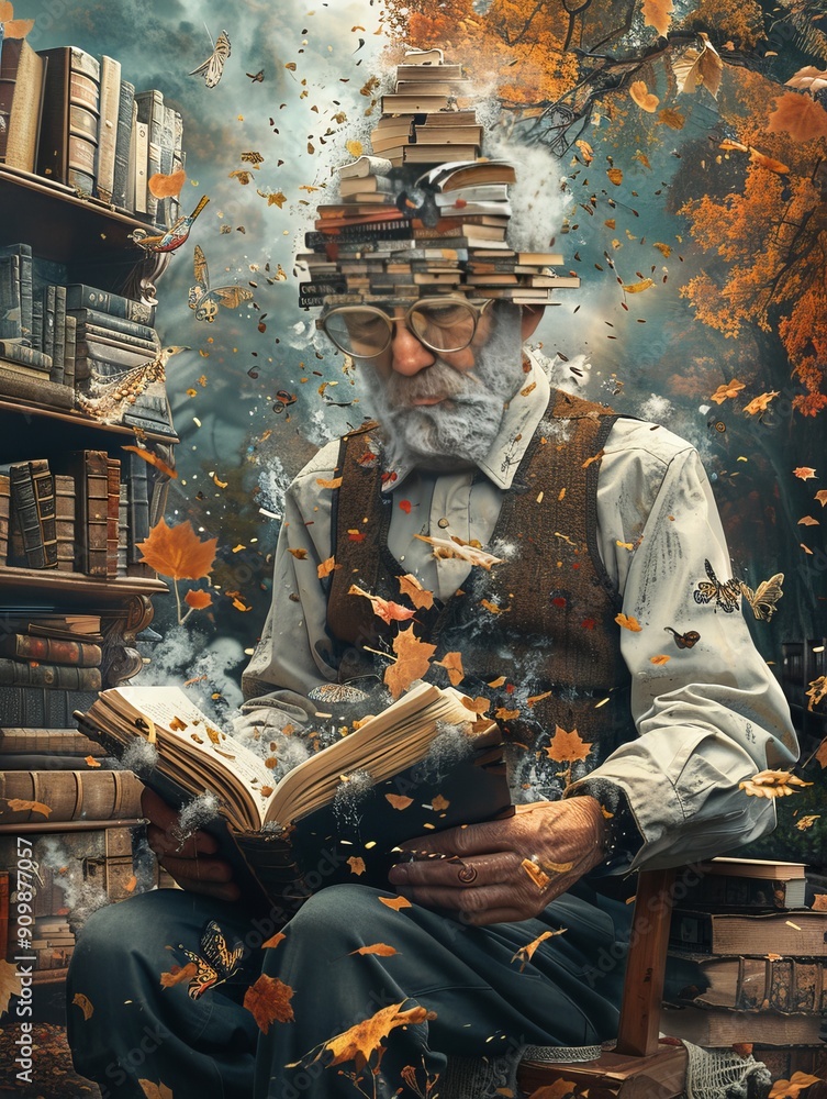 Senior man reading book surrounded by floating books and autumn leaves Senior man reading book surrounded by floating books and autumn leaves