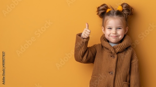 Cute child making a thumbs up gesture with her hand smile happily Show appreciation.