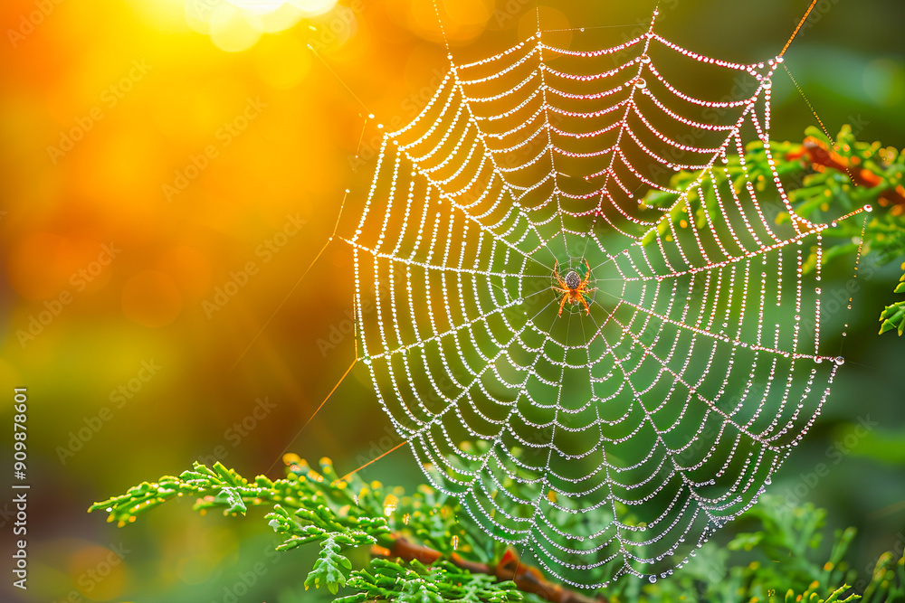 Spider staying on a cobweb covered with dew drops in the morning Spider staying on a cobweb covered with dew drops in the morning