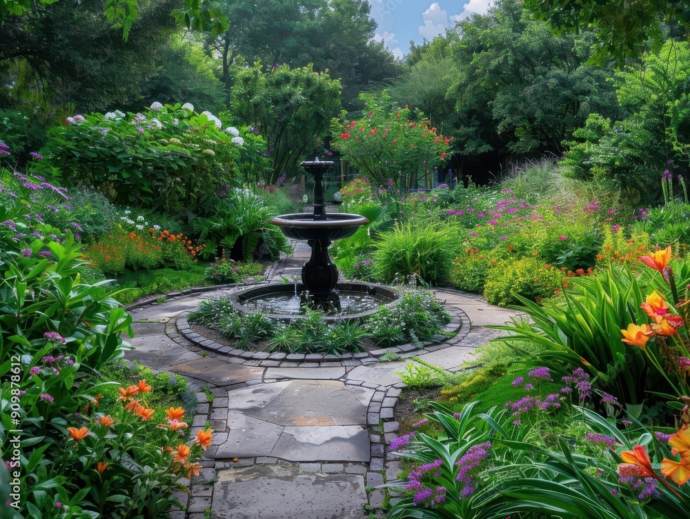 A serene garden with a variety of blooming flowers A serene garden with a variety of blooming flowers