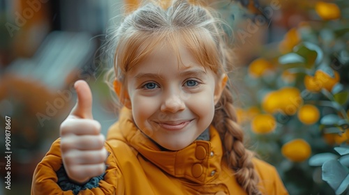 Cute child making a thumbs up gesture with her hand smile happily Show appreciation.