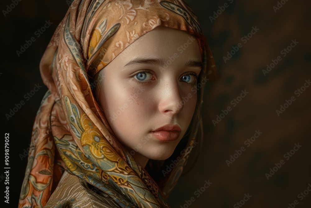 A young girl wrapped in a headscarf and a scarf, possibly for outdoor activities or cultural purposes A young girl wrapped in a headscarf and a scarf, possibly for outdoor activities or cultural purposes
