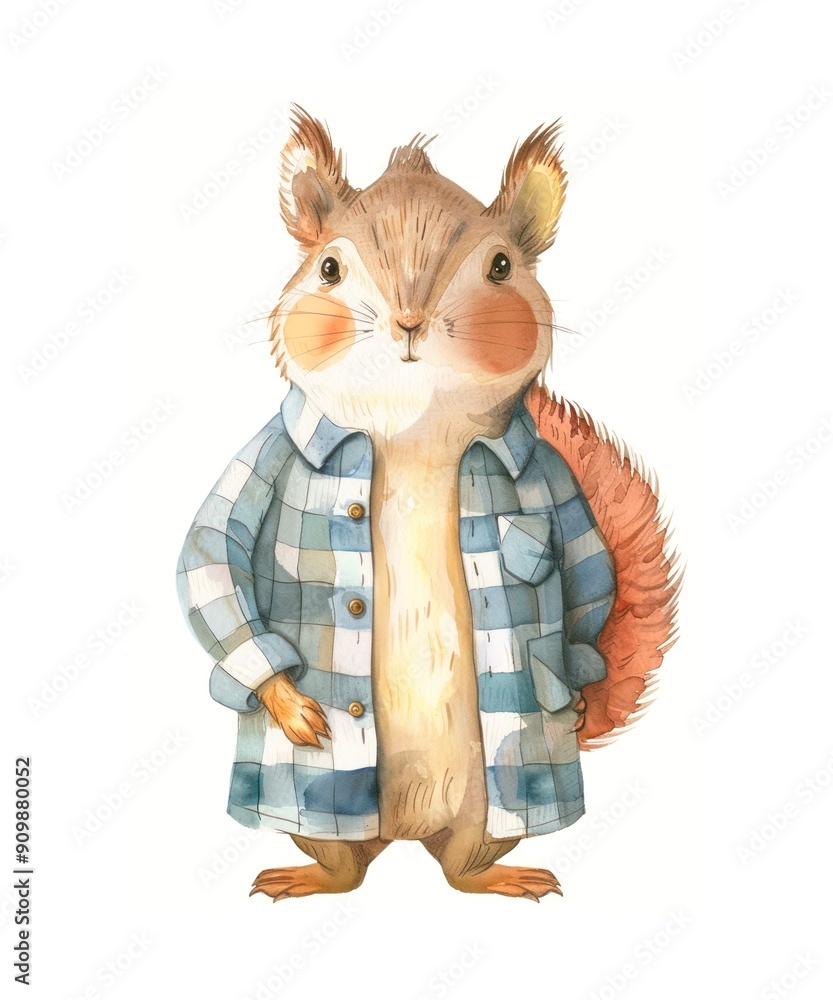 Φωτογραφία Watercolor illustration of a funny squirell in a checkered shirt isolated on white background