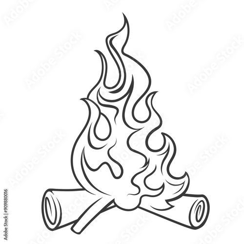Campfire with sparks, logs and fire line icon. Hand drawn retro hot bonfire of tourist camp, campfire. Camping, outdoor hiking adventure mascot, outline flame on firewood icon vector illustration