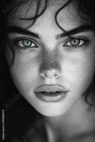 black and white portrait of a woman with bright green eyes