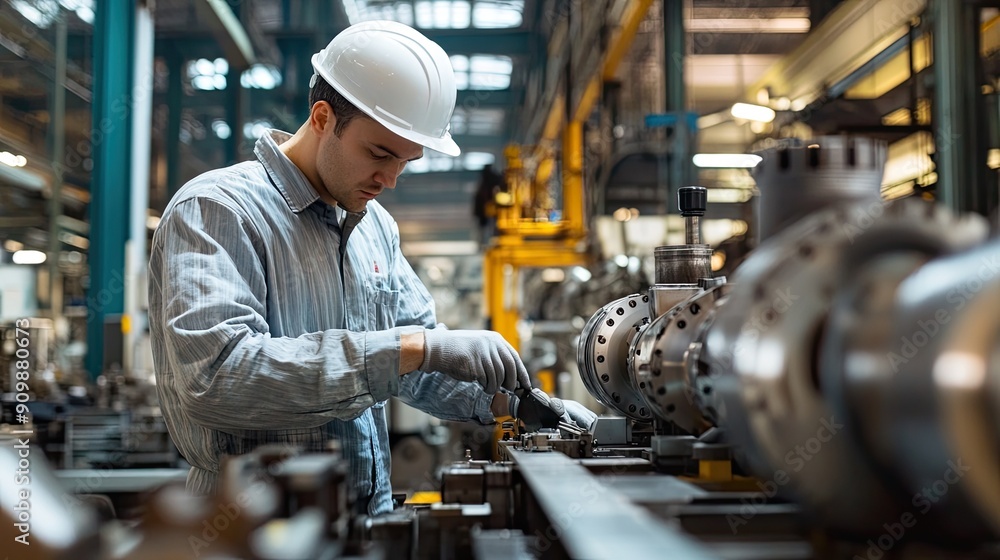 A worker in a factory, focused on their task, with industrial machinery in the background