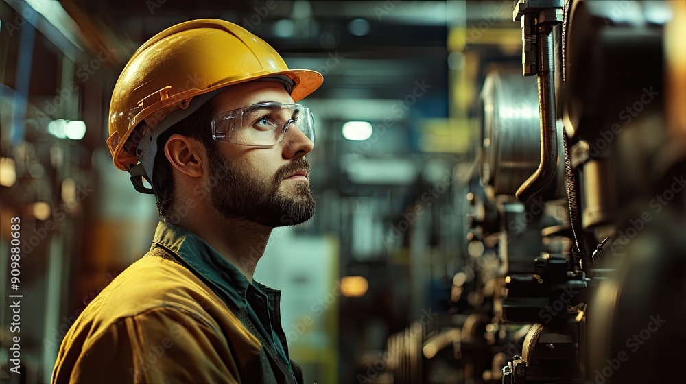 A worker in a factory, focused on their task, with industrial machinery in the background A worker in a factory, focused on their task, with industrial machinery in the background