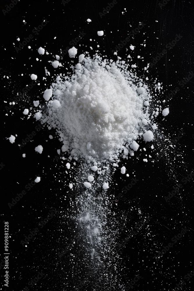 A pile of white sugar on a dark or black background A pile of white sugar on a dark or black background