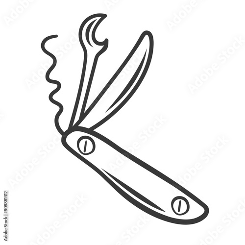Multitool knife line icon. Hand drawn retro multifunction tool of tourist, portable folding knife with corkscrew and can opener. Camping mascot, outline expedition equipment icon vector illustration