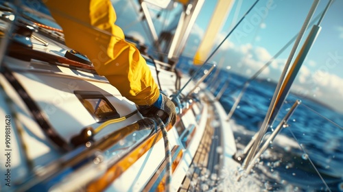 Sailing Team in Action Expert Crew Maneuvering Yacht at Regatta CloseUp of Hands and Equipment in HighStakes Race