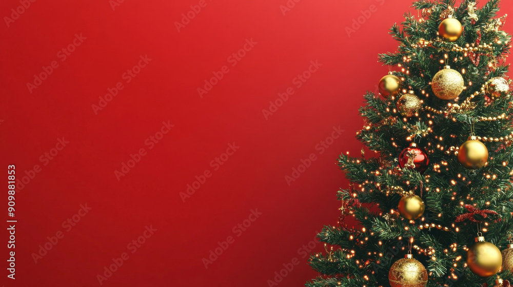 Christmas tree decorated with shiny ornaments and sparkling lights standing on a red background. Perfect image for christmas or new year Christmas tree decorated with shiny ornaments and sparkling lights standing on a red background. Perfect image for christmas or new year