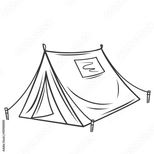 Camping tent line icon. Hand drawn retro campsite shelter with window and open door, equipment. Summer camp house, outdoor adventure mascot, outline canvas tent on pegs icon vector illustration