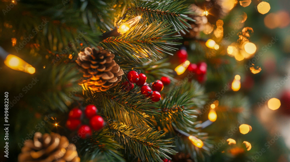 Festive christmas tree adorned with pine cones, red berries, and fairy lights, creating a warm and cozy holiday atmosphere Festive christmas tree adorned with pine cones, red berries, and fairy lights, creating a warm and cozy holiday atmosphere