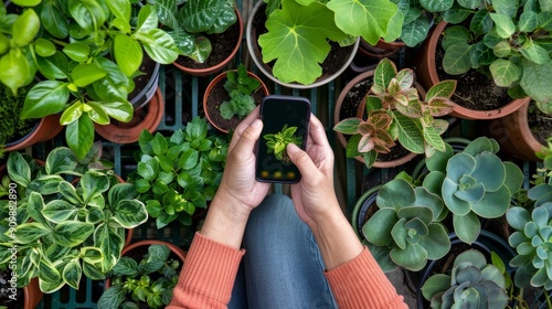 Green Thumb Technology Gardener's Hands Using Plant ID App Among Lush Potted Plants