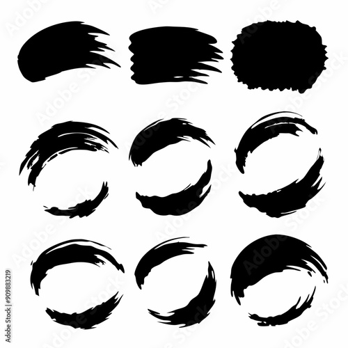 several distinct black brush strokes in various styles and intensities are arranged in two horizontal rows