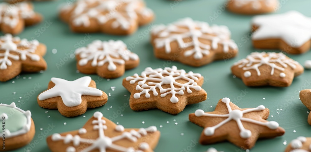 Decorative Gingerbread Cookies Arranged on a Green Background During the Holiday Season Decorative Gingerbread Cookies Arranged on a Green Background During the Holiday Season