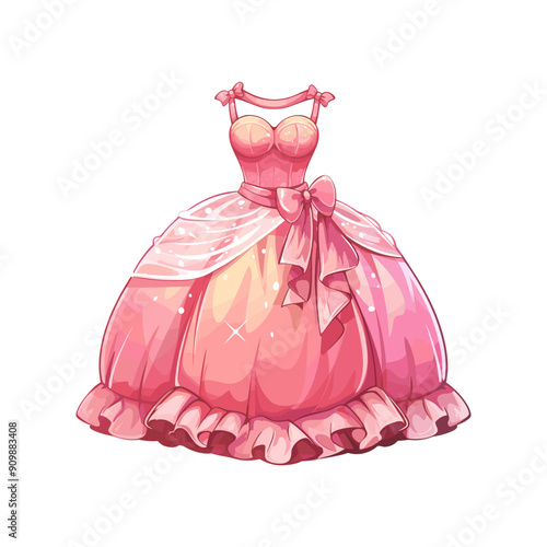 Vector princess pink dress, illustration of beautiful fluffy  ball dress, fairytale princess clothes 19th century vintage style 