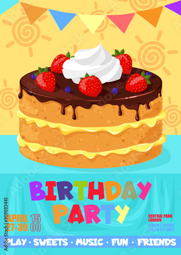 Birthday party event organization with sweets, fun, music and games advertising banner or flyer vector illustration. Poster decorated with cake dessert of festive table