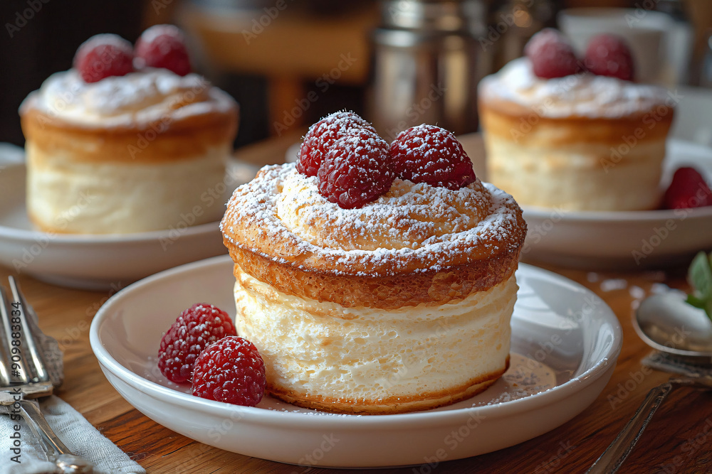 A delicate soufflé with a light and airy texture, dusted with powdered sugar A delicate soufflé with a light and airy texture, dusted with powdered sugar