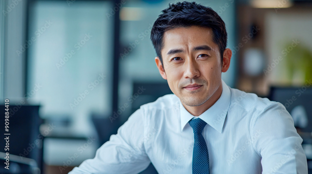 Fototapeta premium Young asian manager is sitting in his office, wearing a shirt and tie. He is looking directly at the camera and smiling slightly