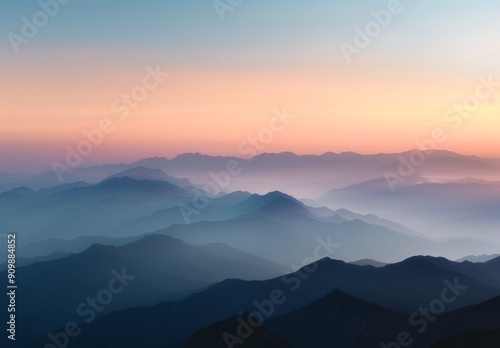 Serene Mountain Landscape at Dusk With Soft Mist and Colorful Sky