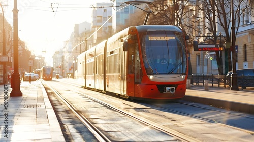 Tram in the city center public transportation modern buildings background sunny day in town : Generative AI