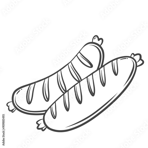Sausages for BBQ line icon. Hand drawn retro bratwurst made of pork, beef or veal meat, doodle hot dog ingredient. Barbecue party, delicatessen food mascot, outline sausages icon vector illustration