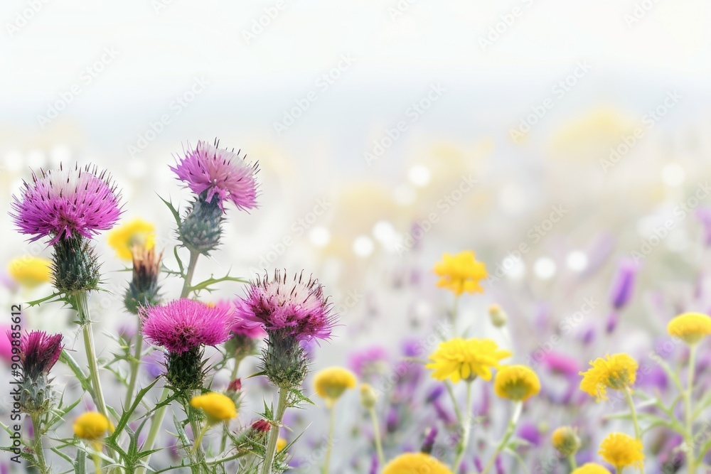 A colorful field filled with purple and yellow flowers A colorful field filled with purple and yellow flowers