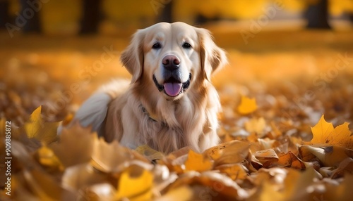 Golden Retriever Dog in a pile of Fall leaves