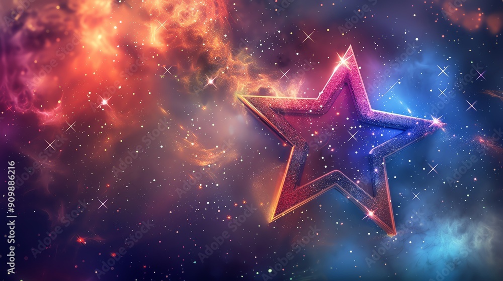 A sparkling star against a dark blue and pink starry background. A sparkling star against a dark blue and pink starry background.
