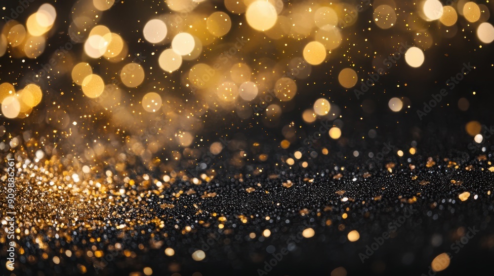 Sparkling gold glitter lights scattered on a black background, forming an enchanting and festive atmosphere Sparkling gold glitter lights scattered on a black background, forming an enchanting and festive atmosphere
