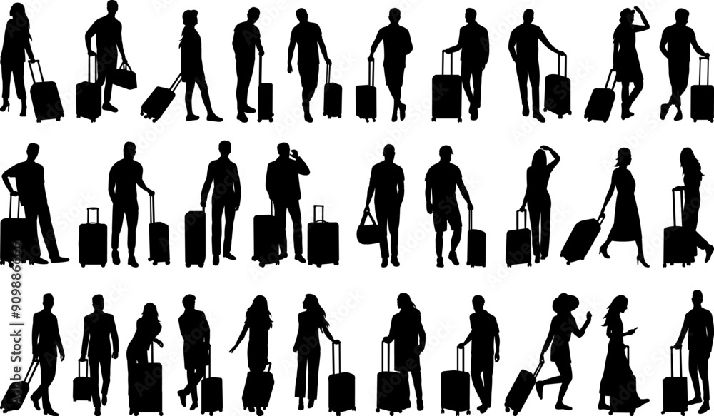 people with suitcases set silhouette set, on white background vector people with suitcases set silhouette set, on white background vector