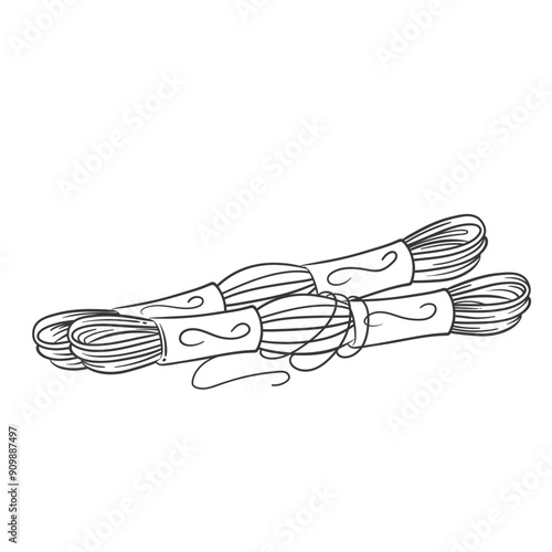 Skeins of thread line icon. Hand drawn retro two string rolls with paper label for sewing and embroidery, fabric yarn. Tailors handicraft mascot, doodle cotton thread to sew icon vector illustration