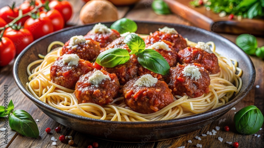 Juicy meatballs smothered in rich marinara sauce rest atop a bed of steaming spaghetti, surrounded by fresh basil leaves and a sprinkle of parmesan cheese. Juicy meatballs smothered in rich marinara sauce rest atop a bed of steaming spaghetti, surrounded by fresh basil leaves and a sprinkle of parmesan cheese.