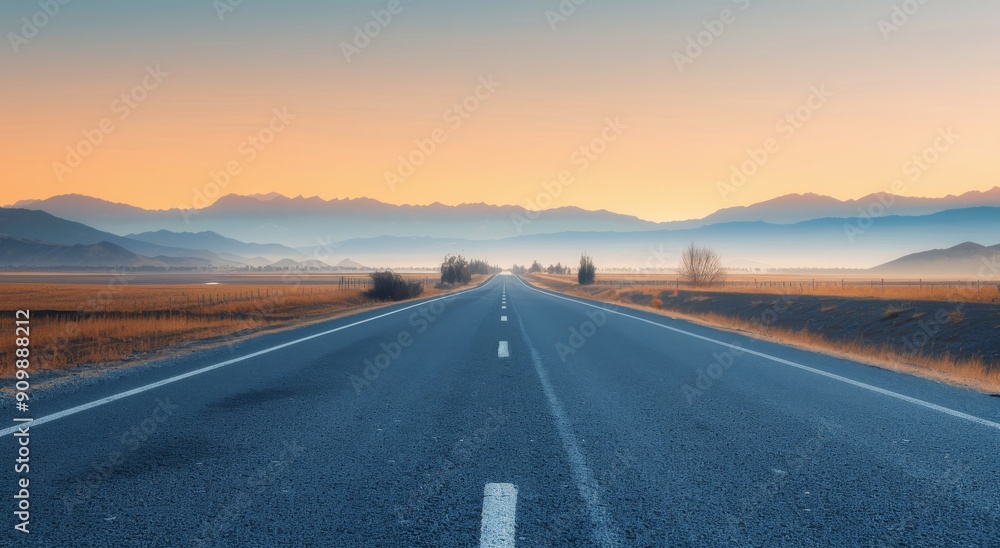 Wide Open Road Leading to Mountains During Sunrise in Lush Landscape Wide Open Road Leading to Mountains During Sunrise in Lush Landscape