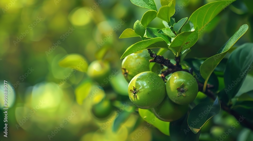 Deli honey guava fruit saplings are slowly developing displaying a vibrant green color firmly attached to the fruit Multiple fruits are visible within one fruit against a blurred backg : Generative AI Deli honey guava fruit saplings are slowly developing displaying a vibrant green color firmly attached to the fruit Multiple fruits are visible within one fruit against a blurred backg : Generative AI