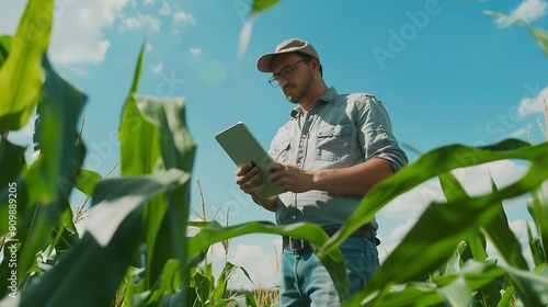 Farmer man in corn field works with computer Business Farm Agriculture concept Farmer with computer tablet in green corn field Modern digital technologies Worker works on farm Agronomi : Generative AI photo